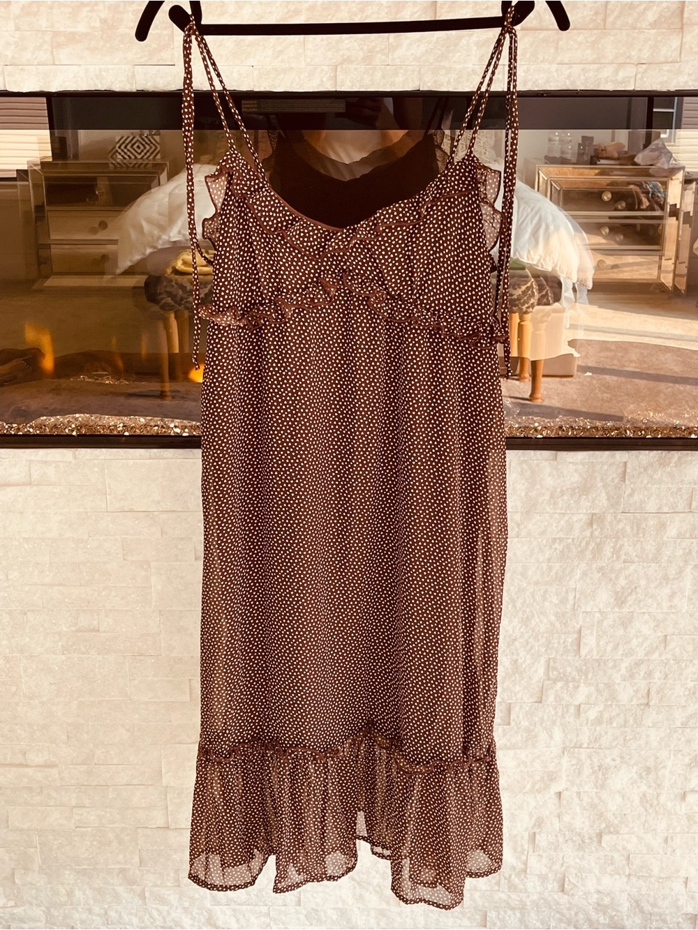 Pie In The Sky, Polka Dot Ruffle Slip Dress - Brown
